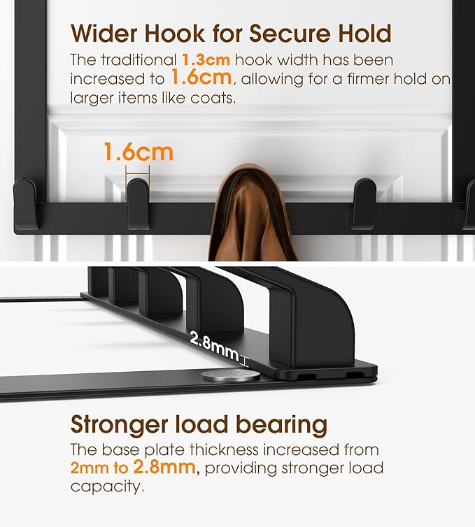 CHAUNCEY HOME Long Over The Door Hooks with 15.75-inch Arms for Easier Access by Women, Heavy Duty Door Hanger for Winter Coat, L16U, Fits Standard 1 3/8'' Doors, Towel Racks Organization, Black