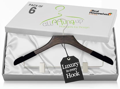 All Hung Up Hangers - Wooden Hangers with Clips for Women, Solid Wood Skirt & Suit Hangers, Heavy-Duty Adjustable Non-Slip Design with Velvet Grip, Mahogany with Black Velvet, 6 pcs