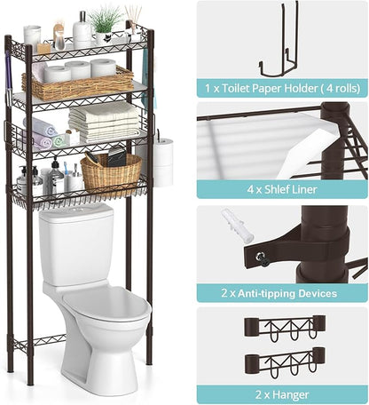 Hodonas Over Toilet Storage Shelf, 4-Tier Bathroom Organizer Storage Shelves Over The Toilet, Adjustable Over The Toilet Shelf Above Toilet Rack Freestanding Bathroom Space Saver Over Toilet, Espresso