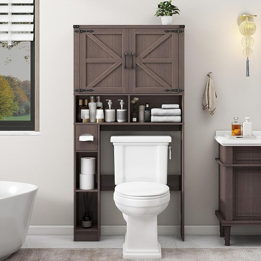 Vabches Over The Toilet Storage Cabinet, Farmhouse Storage Cabinet Over Toilet with 2 Barn Doors && Toilet Paper Holder Stand，Home Space-Saving Toilet Rack, for Laundry, Restroom, Bathroom.(Espresso)