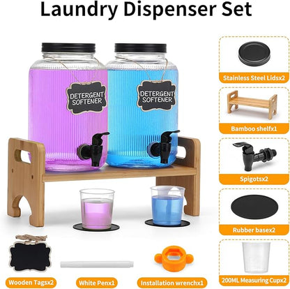 2-Pack Laundry Detergent Dispenser with Bamboo Stand，1 Gallon Laundry Soap Dispenser with Measuring Cup，Glass Laundry Detergent Containr for Laundry Room Organization and Storage