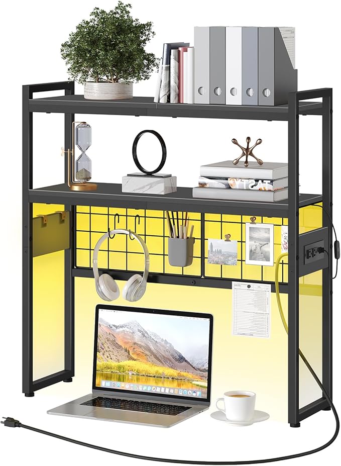 HOOBRO Desktop Bookcase, 2-Tier Office Desktop Organizer, 29.9" Wooden Storage Rack with Outlets, Display Shelf Rack with Light Strip, Desk Hutch for Office, Black BB11UDSJ01