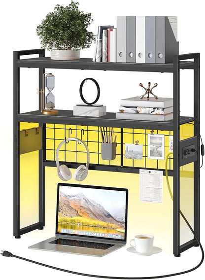 HOOBRO Desktop Bookcase, 2-Tier Office Desktop Organizer, 29.9" Wooden Storage Rack with Outlets, Display Shelf Rack with Light Strip, Desk Hutch for Office, Black BB11UDSJ01