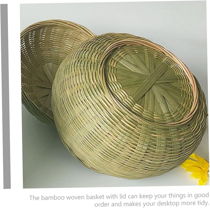 Cabilock Woven Storage Basket with Lid Round Organizer for Eggs Sundries Versatile Home Storage for Kitchen Bedroom Stylish Design