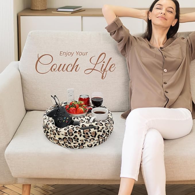 Couch Cup Holder Pillow - Cup Glass Cozy Pillow | Couch Caddy Sofa Bed Buddy Holds Drinks, Snacks, Remote, Phones, Tablet. Keep Drinks Stand and Prevent Spills for Car, Park, Beach (LeopardYellow)
