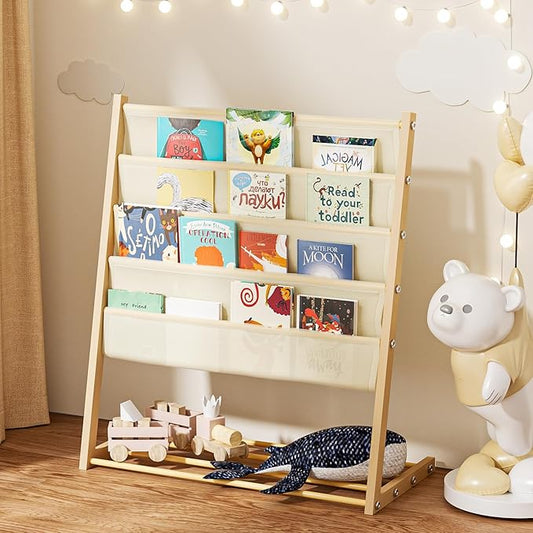 JAQ Kids Bookshelf for Small Space, 4-Tier Fabric Covered Woodgrain Metal Kid Book Shelf Rack Storage Organizer for Toddler Baby in Classroom Playroom Nursery Decor (30.71 inch，Yellow)