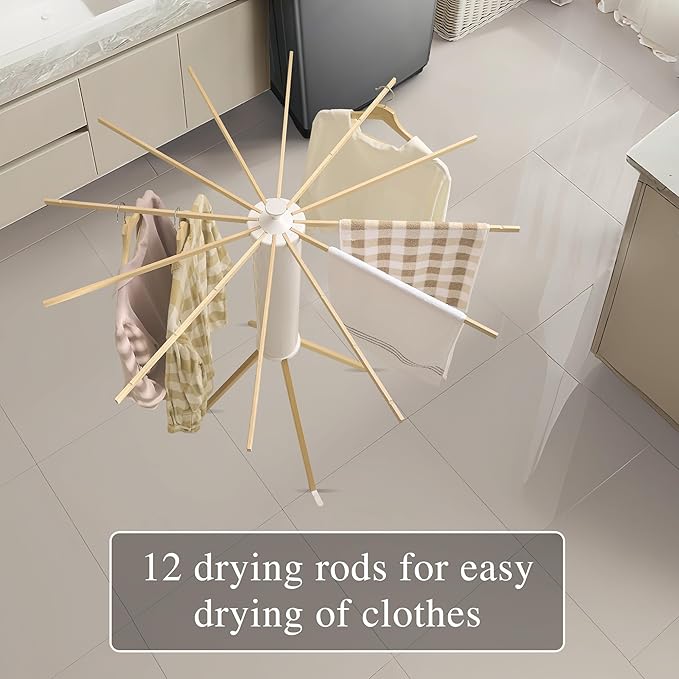 LEQ Clothes Drying Rack Portable,Foldable Drying Rack Clothing with 12 Wood Drying Arms, Standing Laundry Hanger Rack Round Collapsible & Portable Dryer Handle for Laundry Room, Balcony, Bedroom, RV