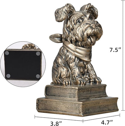 Vintage Antique Gold Dog Bookends,Decorative Book Ends for Shelves,Creative Resin Schnauzer Statues Book Holders for Desk Home Office Bookshelf Decoration,Gifts for Dog Enthusiasts
