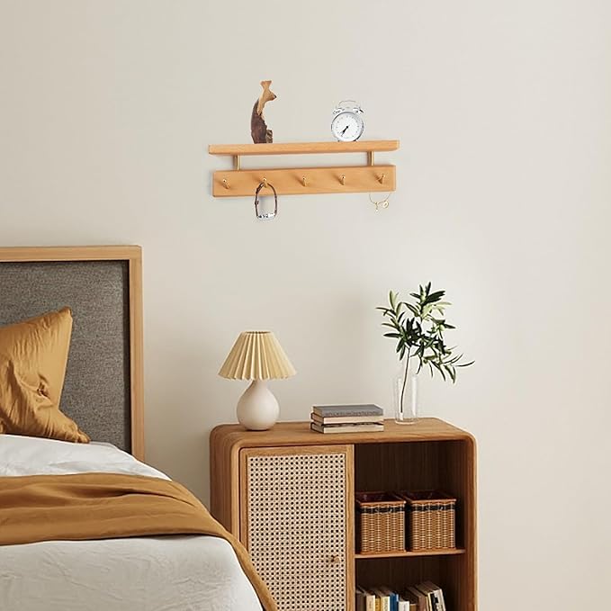 Solid Wood Shelf with Hooks, 15 inch Coat Rack Wall Mount, Shelves with 5 Brass Hooks for Hanging in Entryway, Living Room, Bathroom, Bedroom, Kitchen(Beechwood)