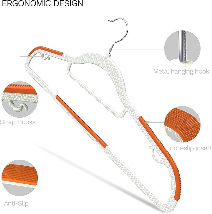MLKJHHI 60 Pack Heavy Duty Plastic Hangers, Non Slip Clothes Hangers with Rubber Pads and 360° Hook - Thin Space Saving Hanger, Closet Organizer for Shirt, Pants, Suit, Skirt, Coat - Orange