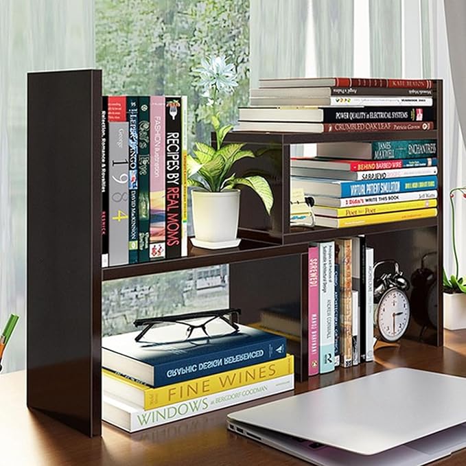 Desktop Shelf Organizer, Adjustable Wood Office Storage Rack, Counter Display Small Bookshelf for Home/Office/School(Dark Walnut)