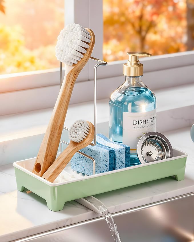 Caumic Minimalist Sink Caddy, Rustproof Sponge Holder for Kitchen Sink with 304 Stainless-Steel Brush Holder, Countertop Rack Organizer with Raised Ridges & Silicone Drain Tube (Mint Green)