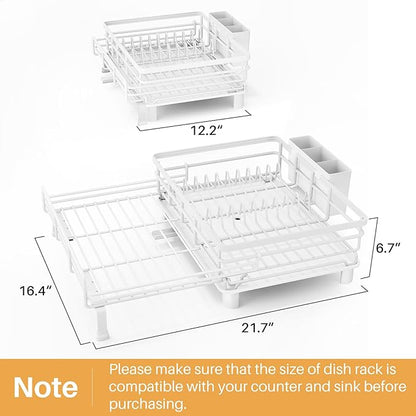 SNTD Dish Drying Rack - Extendable Dish Rack, Large Sink Drying Dish Drainer for Kitchen Counter, Stainless Steel Dish Strainer with Utensil Holder (White)