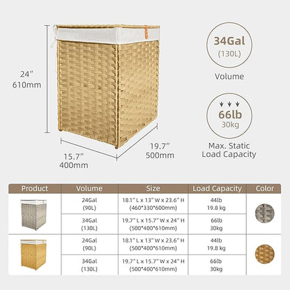 Woven Laundry Hamper with Lid,34 Gal(130 L) Rattan Wicker Laundry Basket 2 Sections with Lid, Removable Machine Washable Line, Large Clothes Hamper with Handles for Bathroom Bedroom, Yellow