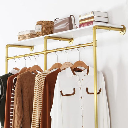 Modern Simple Industrial Pipe Double Hanging Rods Clothing Rack with Shelves, Heavy Duty Metal Clothes Rack Bedroom Freestanding Wardrobe Closet Rack, 93in Gold