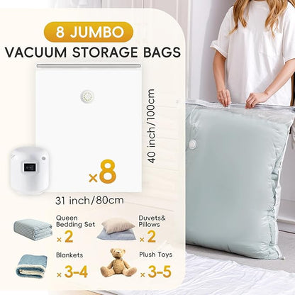 MoJoTools Vacuum Storage Bags with Electric Pump,8 Extra Large Jumbo storage Space Saver Bags (40x31 Inch) for Bedding,Comforters,Blankets,Clothing,Pillows,Jackets,Coats,Vacuum Seal Bags for clothing