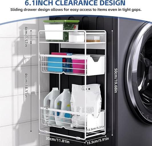 3 Tier Magnetic Shelves for Washing Machine with Pull Out Metal Drawer,Magnetic Spice Rack for Fridge,Magnetic Rack with no Installation, Versatile Storage Organizers for Home (White, 3 Tier)