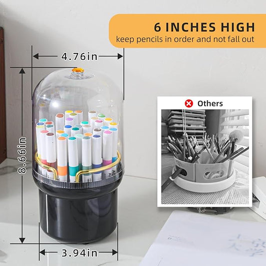 360-Degree Rotating Colored Pencil Holder with Lid, Pencil Organizer Holds 100 long Pencils with 7 Slots for Desk, Caddy Art Supply Organizer, Multi-function Makeup Brushes Ogranizer (Black)