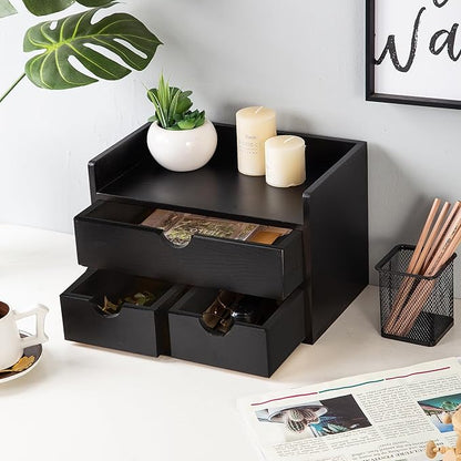 Rustic Distressed white 3-Tier Wood Desk Organizer with 3 Drawers Mini Storage Shelf For Desk, Toiletries Vanity Office Supplies (Black)
