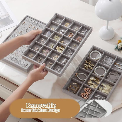 KATISYIO Large Velvet Jewelry Tray 2 Pack Stackable Jewelry Display Drawer Inserts Trays Organizer for Earring Bracelet Necklace Ring (Gray, 24 Grids)