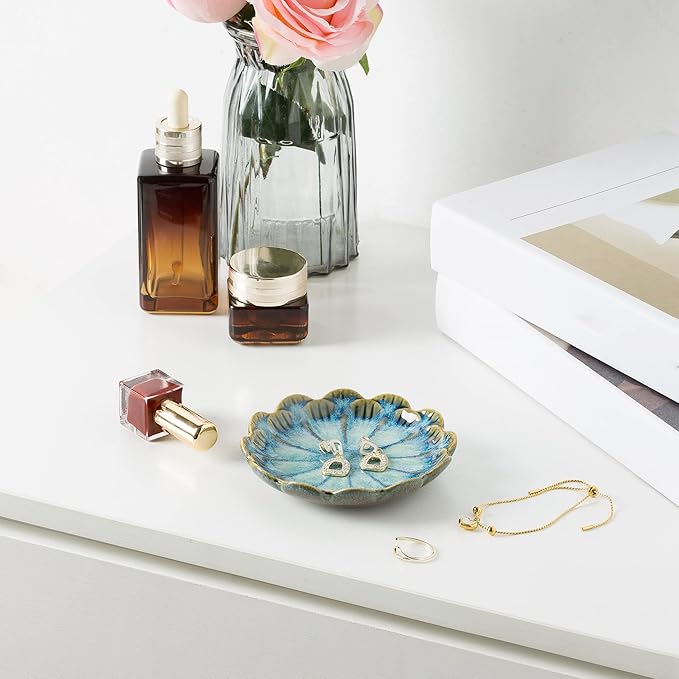 BEUNAIZER Jewelry Dish Tray, Ring Dish, Ceramic Trinket Tray, Key Bowl, Decorative Plate, for Friends Sisters Daughter Mother (retro blue)