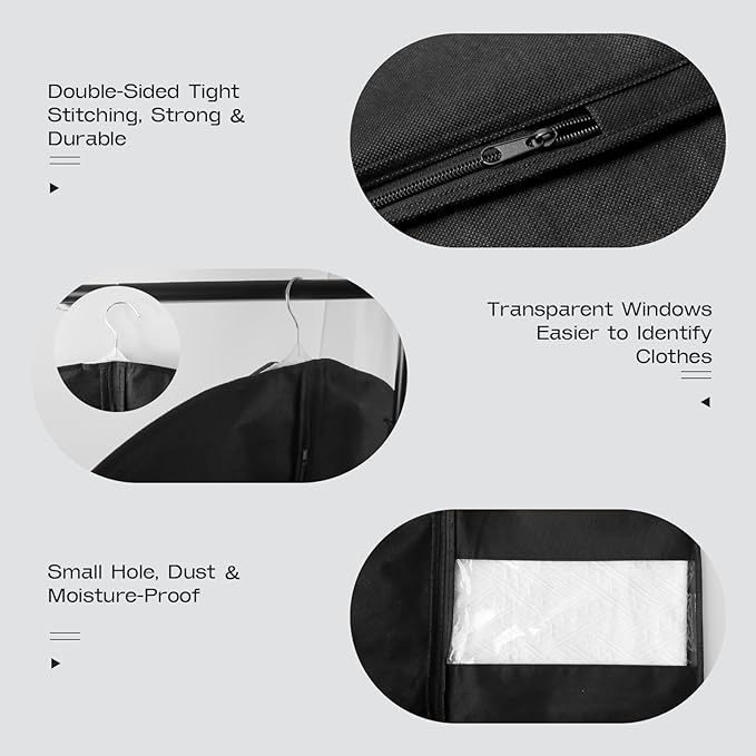 3 Pack Heavy Duty Garment Bags for Travel Suit Bags, Dress Bags, Garment Bags for Hanging Clothes with Pockets Men's Suit Holder for Shirts, Coats, Dresses (Black, 3Pack 50")