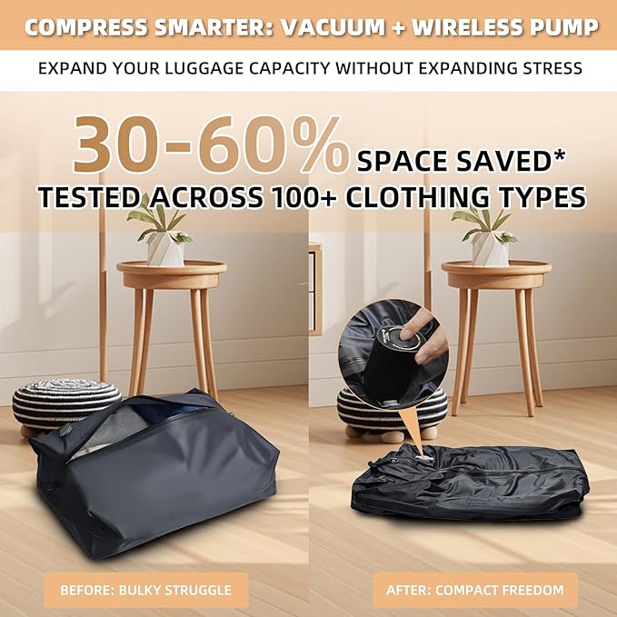 Vacuum Bags for Travel with Cordless Pump, 30L Airtight Compression TPU Bags,IP67 Reusable Storage Bag for Suitcase, Backpack, Luggage, Moving (1PC+Pump)