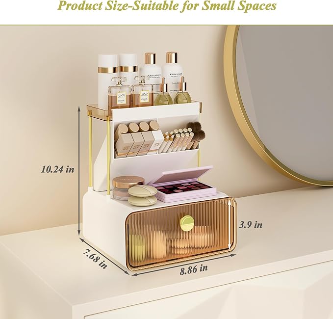 FOLLOWIN 3 Tiers Makeup Organizer with Drawer,Cosmetic Display with Lipsticks Brush Holder,Cosmetics and Beauty Supplies Organizers for Vanity,Dresser,Bathroom Desktop Countertop Organizer,Amber