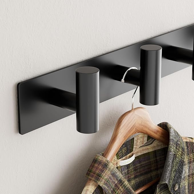 Black Wall Mounted Coat Rack – 5 T-Shaped Pegs for Hats, Bags & Towels, Heavy-Duty Metal Rail for Entryway, Bathroom, Closet, Bedroom (2 Pack)