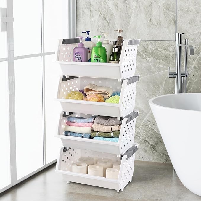 4-Pack Plastic Stackable Storage Baskets, Open Front Kitchen Organizer Basket Bin, White, F