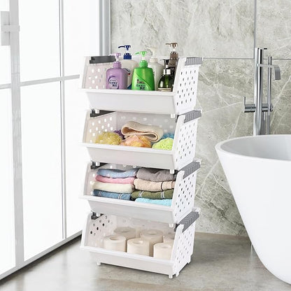 4-Pack Plastic Stackable Storage Baskets, Open Front Kitchen Organizer Basket Bin, White, F