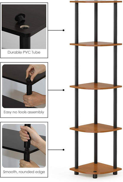 Furinno TURN-N-TUBE Corner Shelf, 5-Tier Corner Bookshelf, Open Storage Shelves, for Organization and Storage, Living Room, Home Office, Garage, Bedroom, Light Cherry