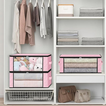 HomeHacks Storage 4-Pack Clothes Organizer Storage Bags Foldable Storage Box with Large Clear Window Sturdy Handles for Closet, Dorm, Pillows, Bedding, Clothes, Blankets, 35L, Pink