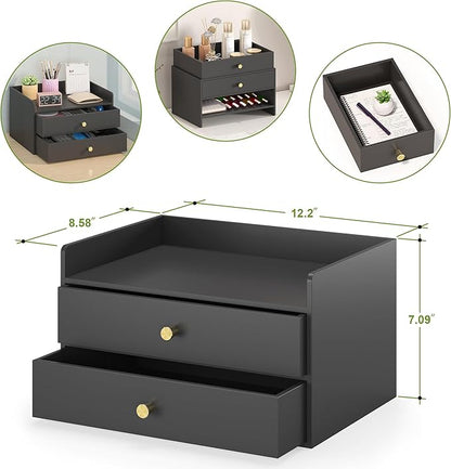 Bamboo Desk Organizer with Drawers Wooden Desktop Storage Drawers for Bills Office Supplies Kitchen Utensils Organizing Tool for Home Classroom Organization No Assembly (2 Drawers, Black)