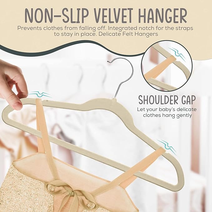 TechZoo 50 Premium Kids Velvet Hangers - 14" Non-Slip Clothes Hangers for Kids & Preteens - Ultra Slim, Space-Saving, Strong & Durable Hangers with 360° Swivel Hook - Ivory