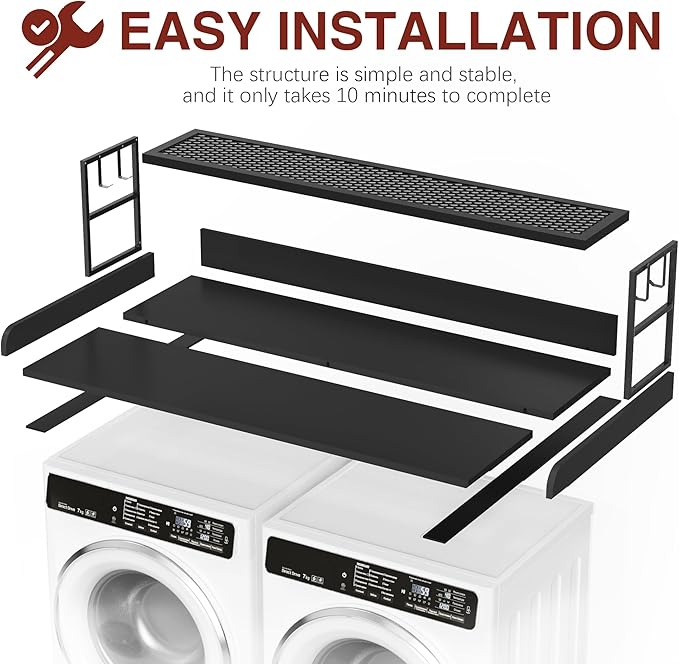 DTK Washer Dryer Countertop with Shelf, 27.55" Depth x 54" Width Laundry Wood Top Cover with Anti-Slip Strips, Over Washer and Dryer Wood Countertop with Edge Rails, Black