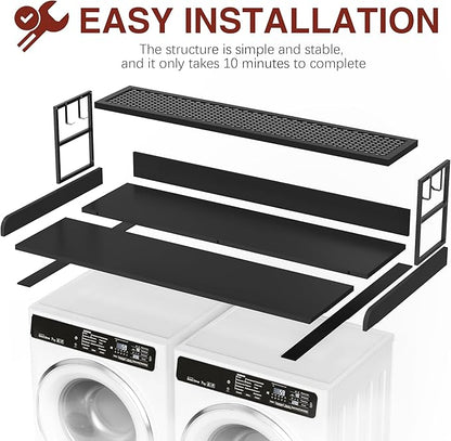 DTK Washer Dryer Countertop with Shelf, 27.55" Depth x 54" Width Laundry Wood Top Cover with Anti-Slip Strips, Over Washer and Dryer Wood Countertop with Edge Rails, Black