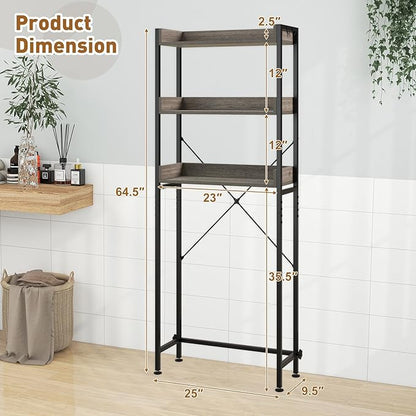 LOKO 3-Tier Over The Toilet Storage Rack, Bathroom Space Saver Shelf, Freestanding Above Toilet Organizer with 4 Hooks, Anti-Tipping Device, Metal Frame Toilet Rack for Balcony Laundry (Grey+Black)