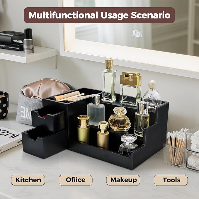 UUyuality Countertop Perfume & Makeup Organizer - Wooden Rack, Cologne Stand Shelves & Skincare Organizer for Bedroom Dresser, Organizador de Perfumes Estante para Perfumes (Black, 01)