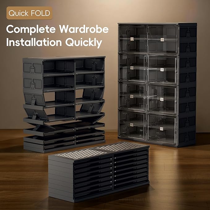JEKO&JEKO 9-Tier Foldable Shoe Storage Cabinet with Magnetic Doors, Large Stackable Shoe Organizer Cabinet for Entryway, Clear Front Door Shoe Boxes Hold Up to 36 Pairs (Black)