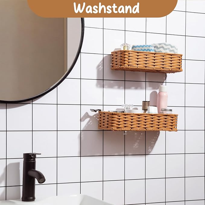 Hanging Wall Basket, Adhesive Wall-Mounted Organizer for Storage, 2-Pack Plastic Wicker Woven Storage Shelves for Kitchen Cabinets, Bathroom, Pantry, Brown Color