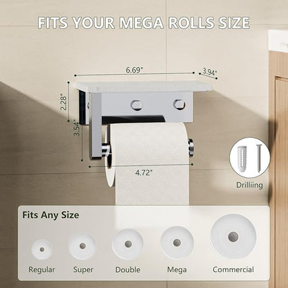 Marble Toilet Paper Holder with Shelf, Evolvegoods Chrome Bathroom Toilet Paper Holder Wall Mount, 304 Stainless Steel Modern Toilet Paper Roll Holder Storage Tissue Holder