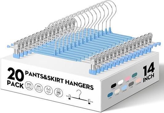 HWAJAN 20PACK 14Inch Pants Hangers with Clips Adjustable Skirt Hangers for Women Metal Non-Slip Trousers Hanger Heavy Duty Space Saving Clothes Hanger for Shorts,Jeans,Sky Blue