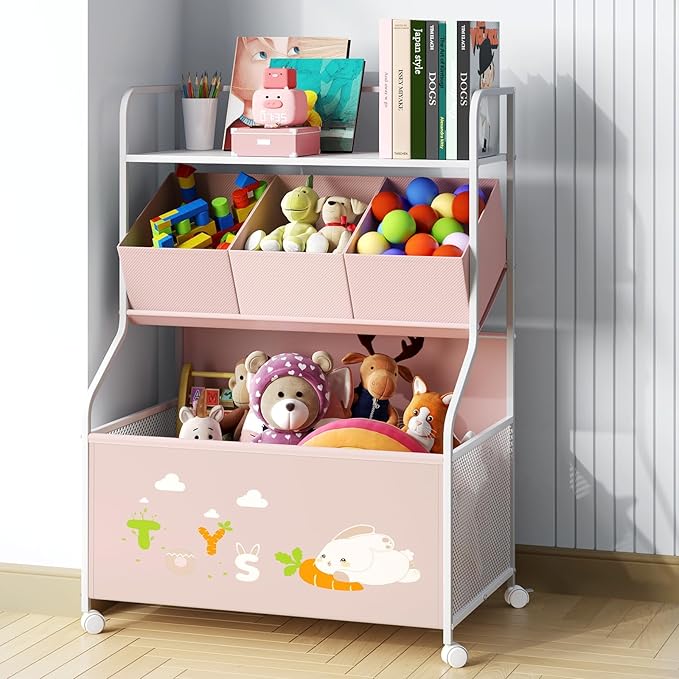 BBLIKE Toy Storage Organizer with Wheels - 3-Tier Kids Large Toy Box, Toy Chest Storage for Boys Girls Toddlers, Kids Bookshelf with 3 Fabric Toy Boxes for Playroom, Pink