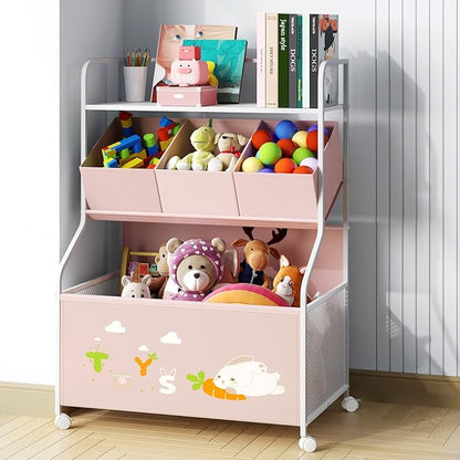 BBLIKE Toy Storage Organizer with Wheels - 3-Tier Kids Large Toy Box, Toy Chest Storage for Boys Girls Toddlers, Kids Bookshelf with 3 Fabric Toy Boxes for Playroom, Pink