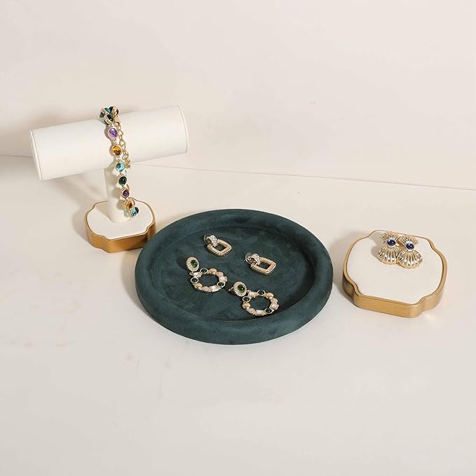 GemeShou Round Jewelry Organizer Plate, Top Microfiber Velvet Jewelry Display Tray, Empty Jewelry Showcase Tray for Necklaces, Bracelets, Rings, Earrings (Green-Medium, 7.9 x 7.9 in)