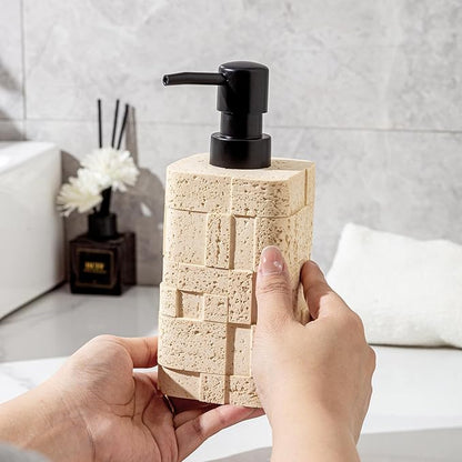 Haocoott Soap Dispensers 400mL 13.5 OZ, 2 PCS Luxurious Hand Dish Lotion Shampoo Soap Dispenser Jar, Travertine Stone Look Soap Pump Bottles for Kitchen Bathroom Countertop (Yellow)