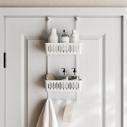 Zenna Home SnugFit Over the Door Caddy Organizer with 2 Storage Baskets and 4 Hooks, Over Door Hanging Organizer for Bathroom, Kitchen, Bedroom, Closet, Easy to Install, No Drilling, White
