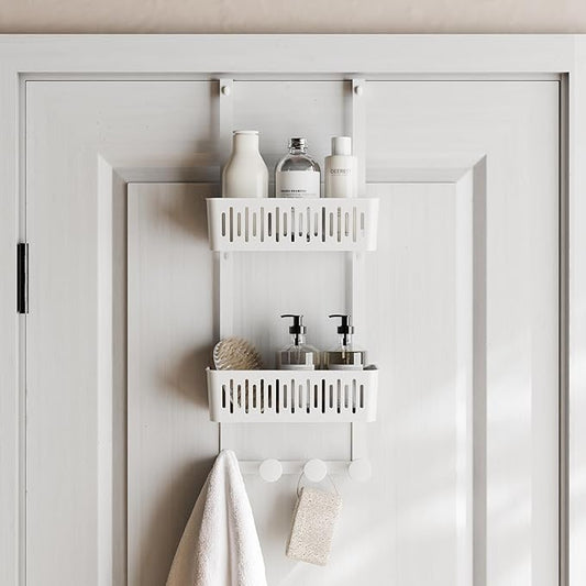Zenna Home SnugFit Over the Door Caddy Organizer with 2 Storage Baskets and 4 Hooks, Over Door Hanging Organizer for Bathroom, Kitchen, Bedroom, Closet, Easy to Install, No Drilling, White