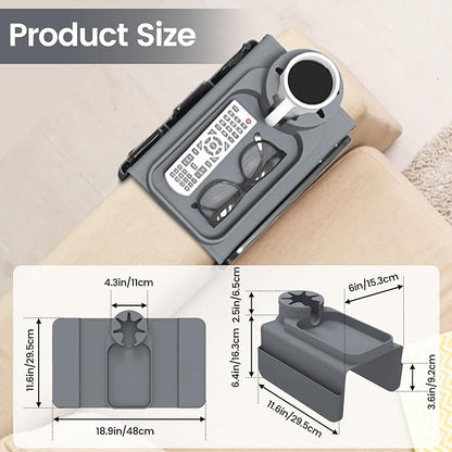 PANZIYU Couch Cup Holder Tray, Silicone Sofa Armrest organizer with Assesory Side Pockets for storage Remotes, Cell-phone,Tablet or Snack, Anti-Spill and Anti-Slip Couch Drink Holder Caddy(Gray)